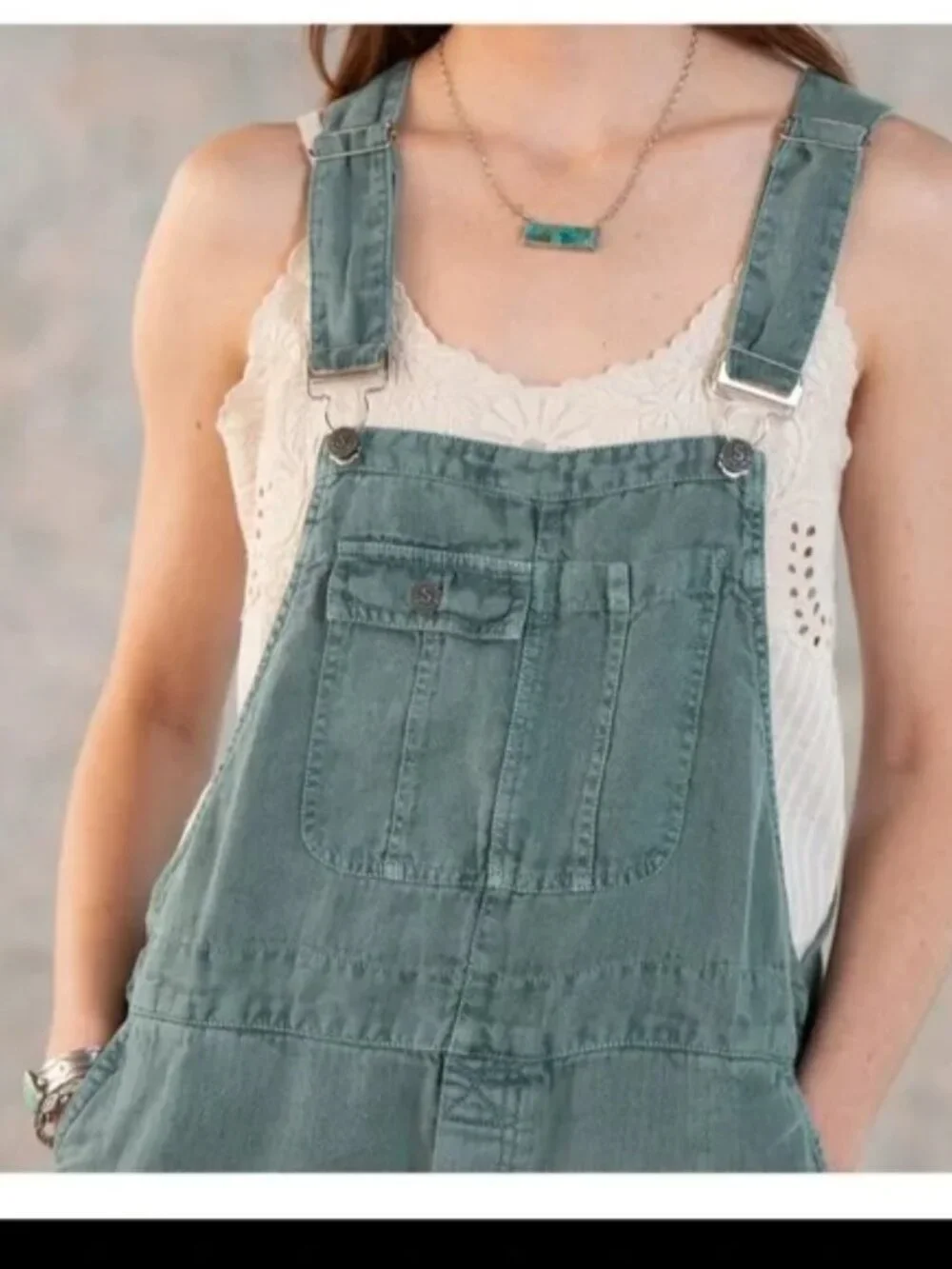 Sundance Catalog Hannah Linen Overalls Sz Large Petite Soft Turquoise Green - Picture 3 of 8